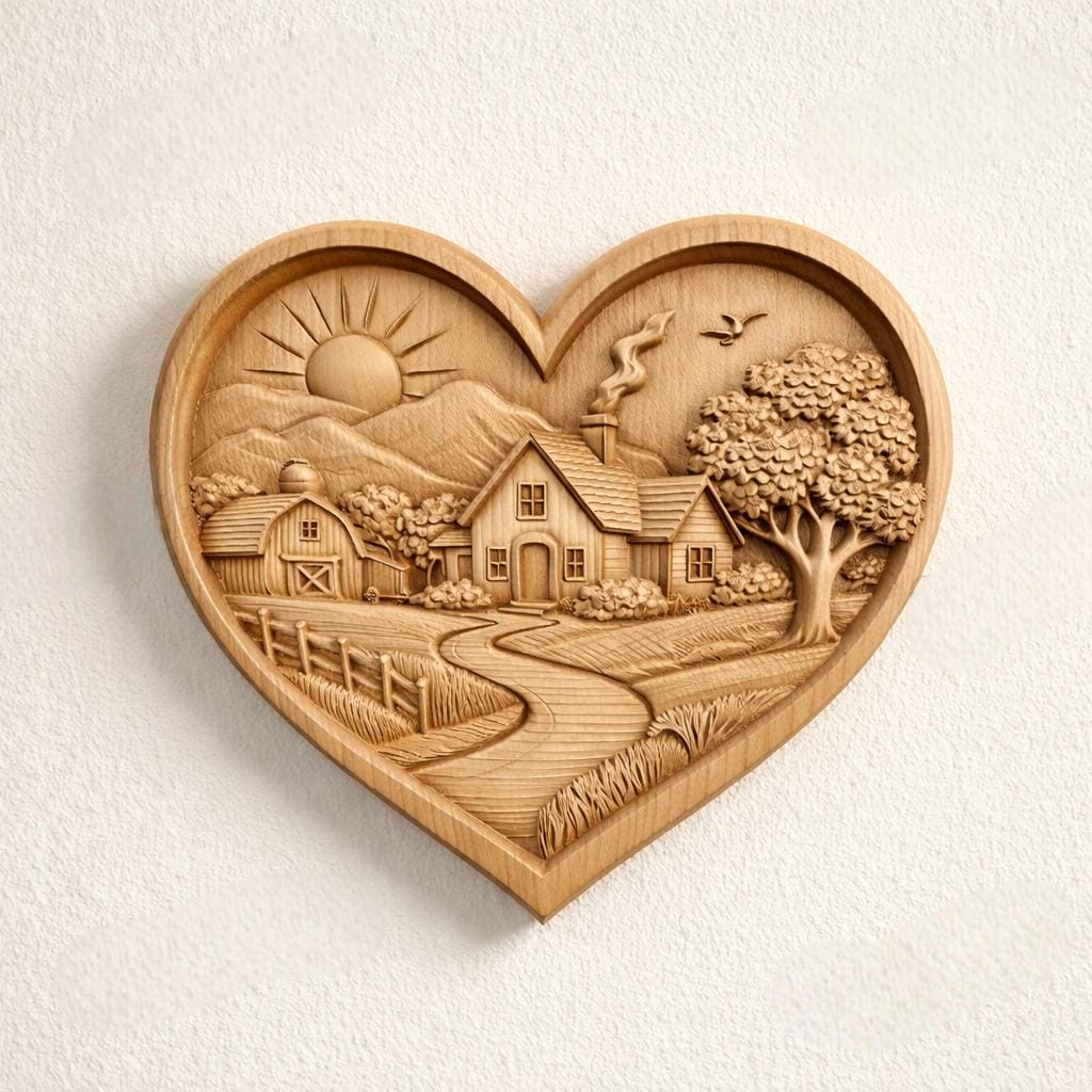 Heart-shaped wooden Village wall plaque - Wood Relief Carving