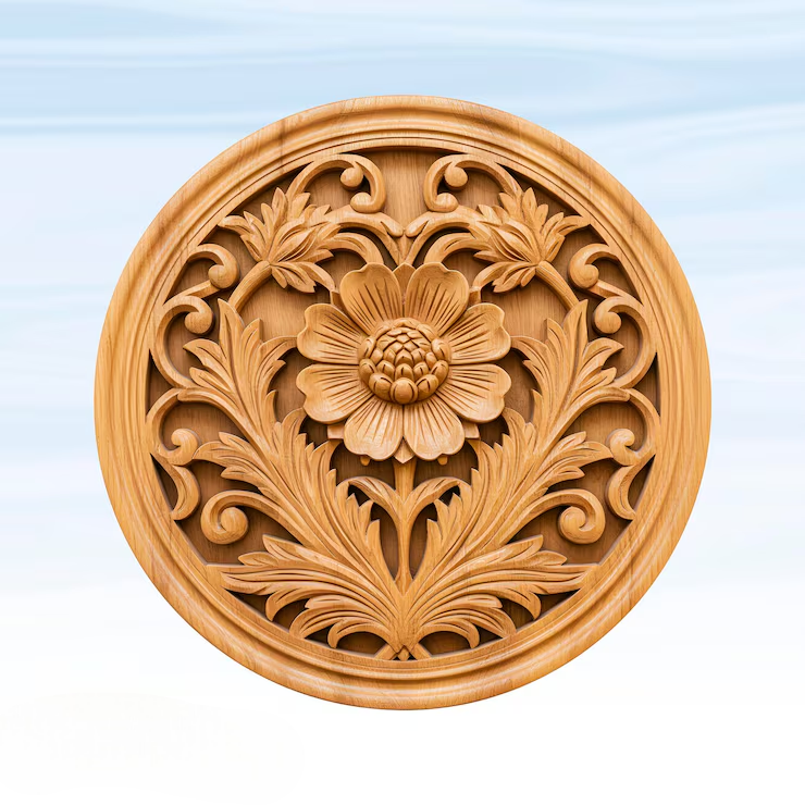 Detailed wooden floral carving circular frame