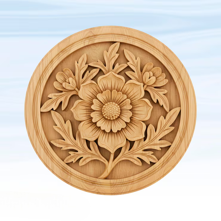 3D wooden floral medallion with detailed carving