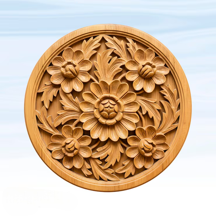 3D Detailed wooden floral carving circular frame