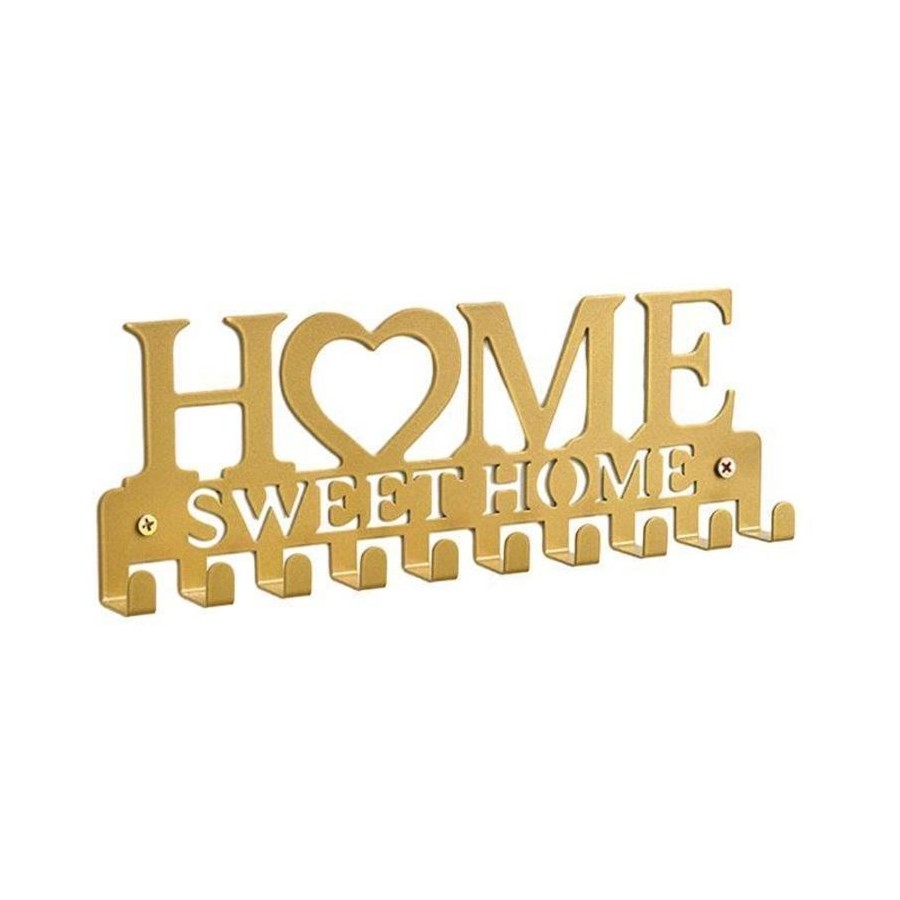 A gold metal "Home Sweet Home" wall-mounted key holder with 10 hooks