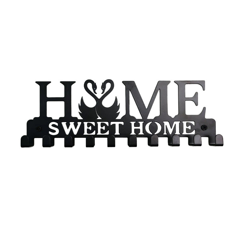 A metal "Home Sweet Home" wall-mounted key holder with 10 hooks - Black 2